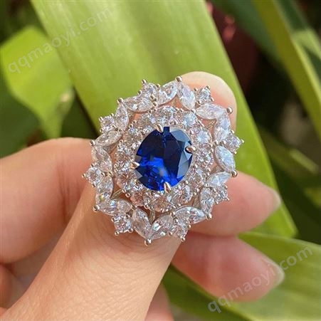WR158網紅直播首飾 彩寶復古款仿真戒子 深藍寶戒指 奢華蛋形6*8指環